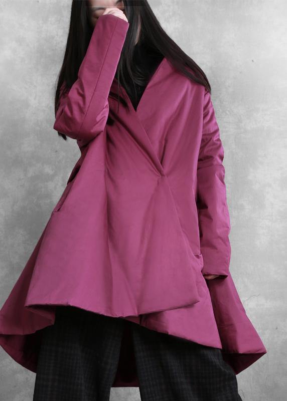 Purple Winter Outwear Snow V Neck Asymmetric Coats