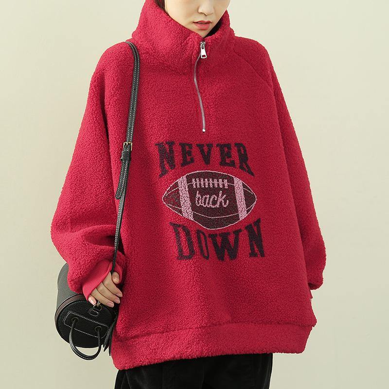 Red Letter Tunics for Shirts High Neck Zippered Fuzzy Wool Top