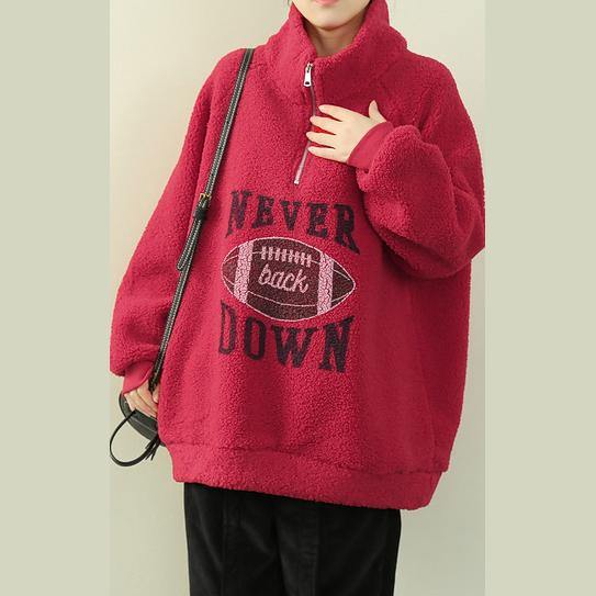 Red Letter Tunics for Shirts High Neck Zippered Fuzzy Wool Top