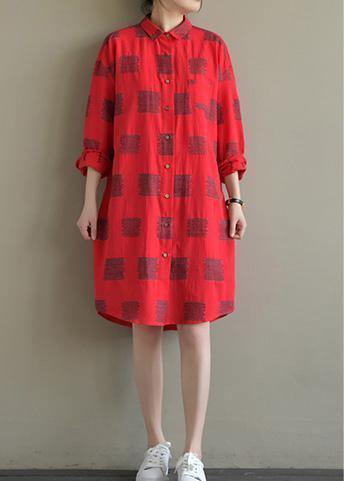 Red Plaid Cotton Quilting Clothes Lapel Button Down Daily Spring Dress