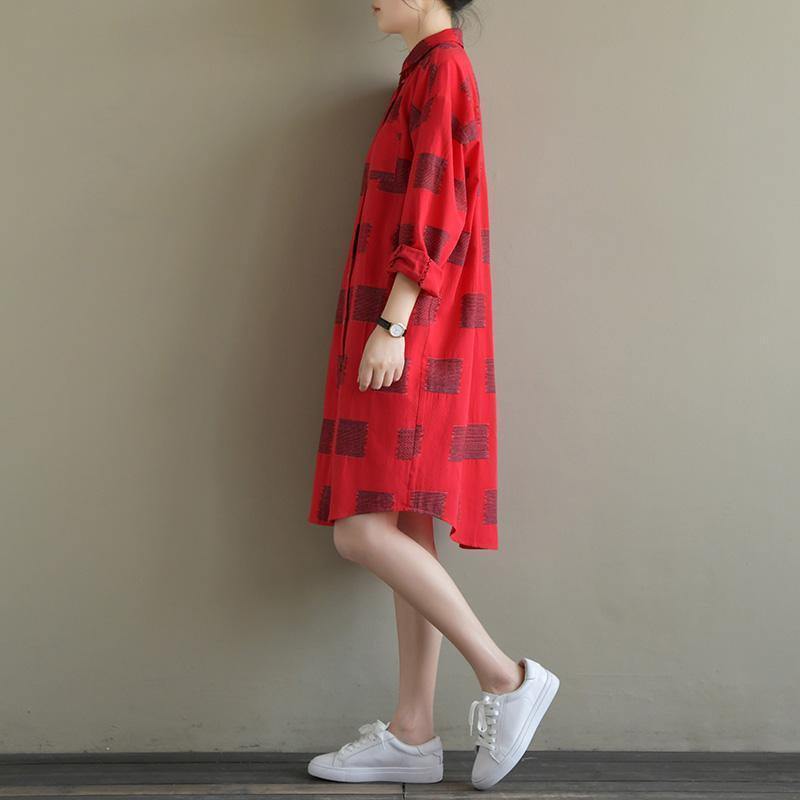 Red Plaid Cotton Quilting Clothes Lapel Button Down Daily Spring Dress