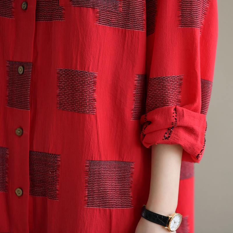 Red Plaid Cotton Quilting Clothes Lapel Button Down Daily Spring Dress