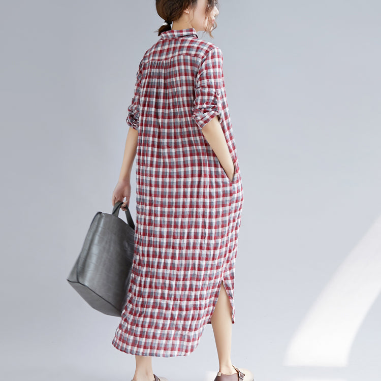 Red Plaid Cotton Maxi Shirt Dress Oversize Turn-down Collar Gown Long Sleeve Side Open Cotton Shirt Dresses