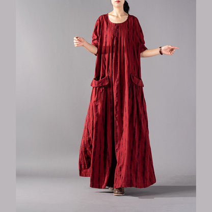 Red Plaid Long Oversized O Neck Baggy Linen Maxi Dress Pockets Kaftans