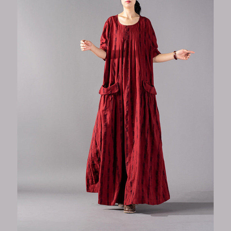 Red Plaid Long Oversized O Neck Baggy Linen Maxi Dress Pockets Kaftans