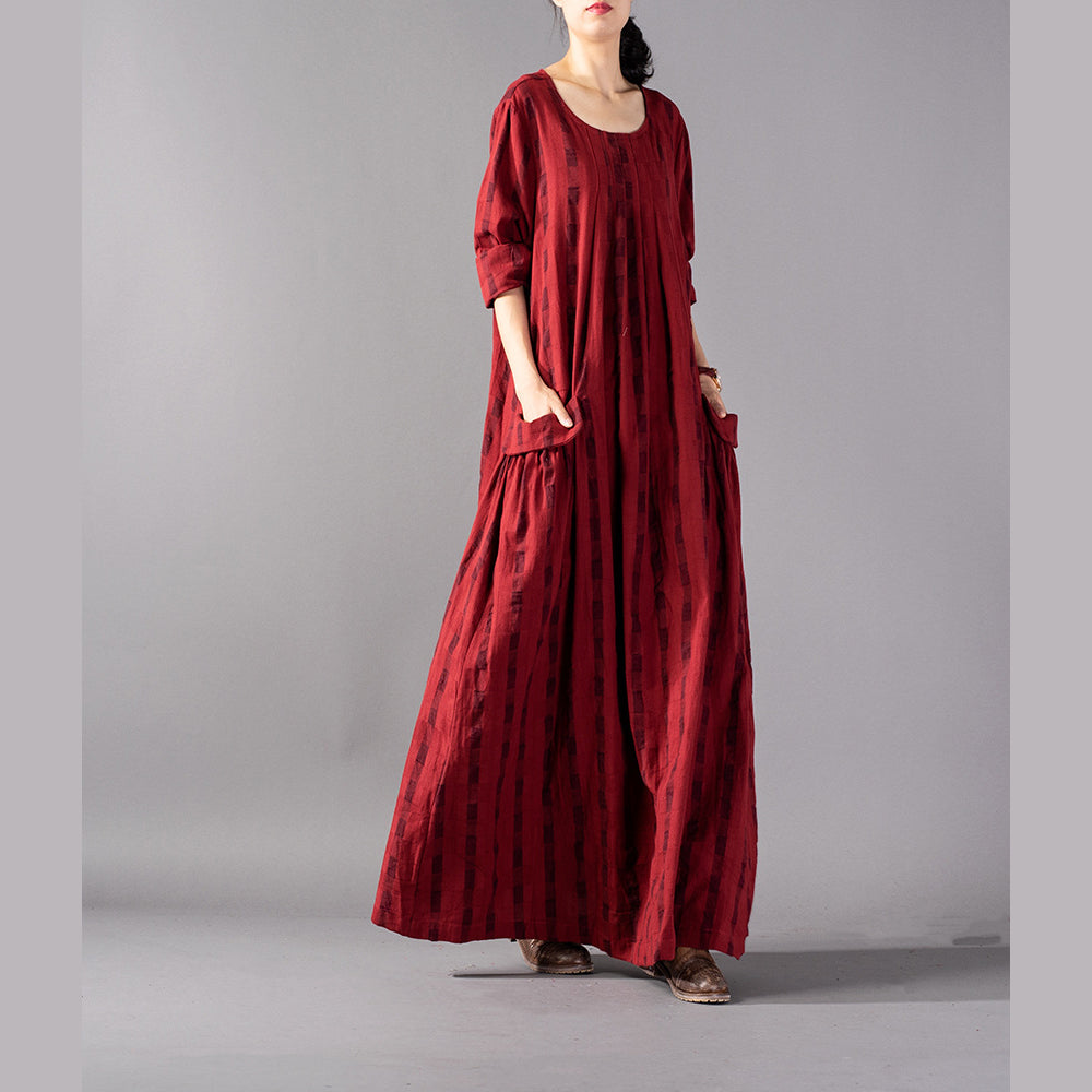 Red Plaid Long Oversized O Neck Baggy Linen Maxi Dress Pockets Kaftans