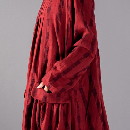 Red Plaid Long Oversized O Neck Baggy Linen Maxi Dress Pockets Kaftans