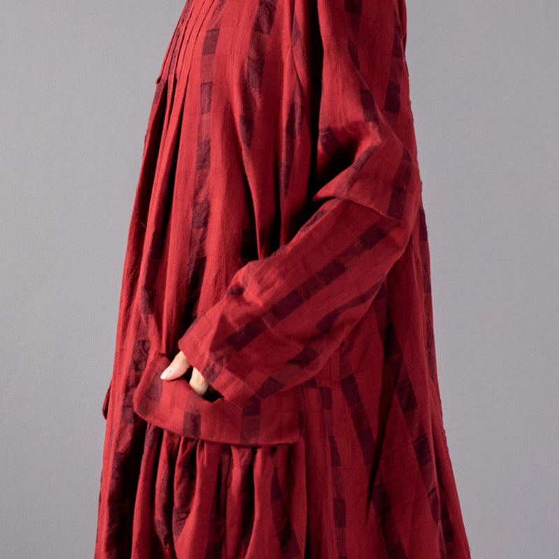 Red Plaid Long Oversized O Neck Baggy Linen Maxi Dress Pockets Kaftans