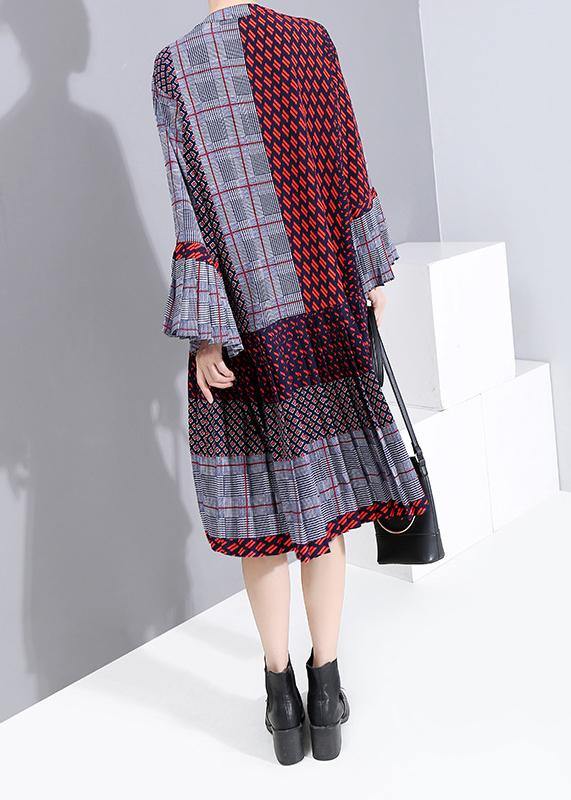 Red Chiffon Quilting Clothes Petal Sleeve A-line Patchwork Dress