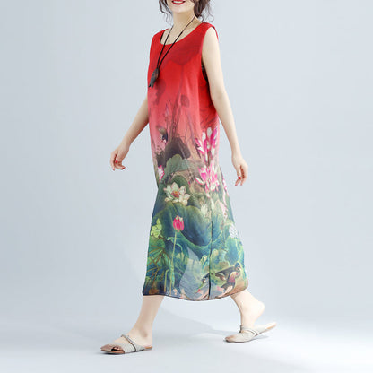 Red Cotton Dress Sleeveless Long Cotton Dresses Fine Side Open Cotton Dress