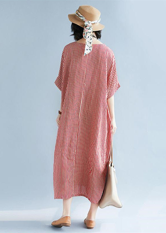 Red Linen Maxi Dress O Neck Striped Linen Clothing Dresses Fine Baggy Dresses Caftans