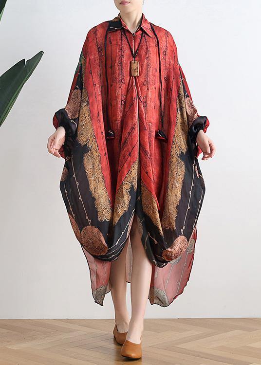 Red Print Clothes for Lapel Asymmetric Maxi Summer Dress
