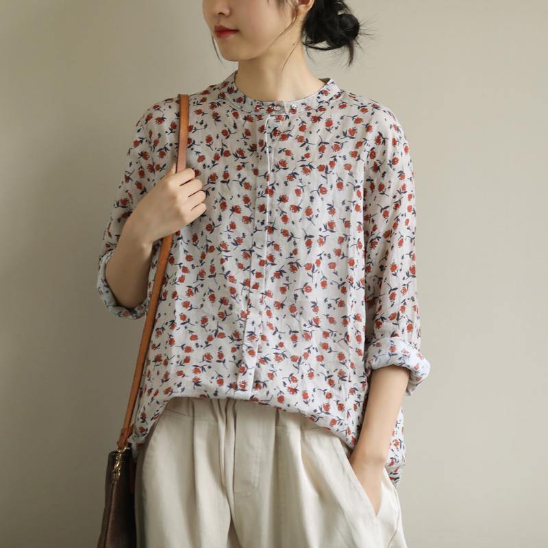 Elegant red print top o neck Button Down oversized shirt