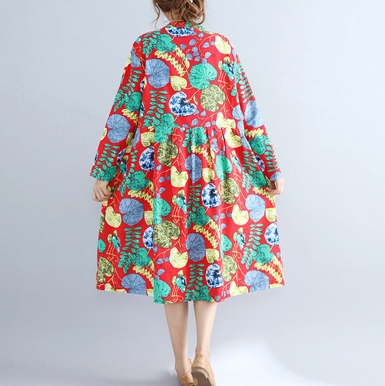 Red Prints Pure Linen Dresses Maxi Dress Long Sleeve Patchwork Midi Dress