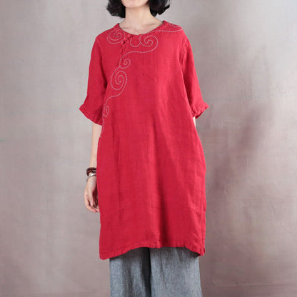Red Pure Linen Tops Linen T Shirt Boutique Half Sleeve Embroidery Fabric O Neck Linen Clothing Tops