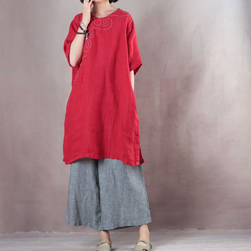 Red Pure Linen Tops Linen T Shirt Boutique Half Sleeve Embroidery Fabric O Neck Linen Clothing Tops