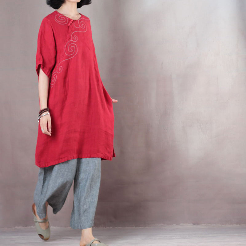 Red Pure Linen Tops Linen T Shirt Boutique Half Sleeve Embroidery Fabric O Neck Linen Clothing Tops