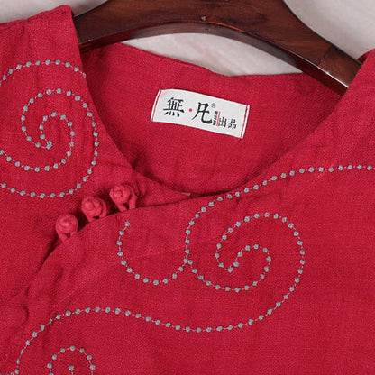 Red Pure Linen Tops Linen T Shirt Boutique Half Sleeve Embroidery Fabric O Neck Linen Clothing Tops