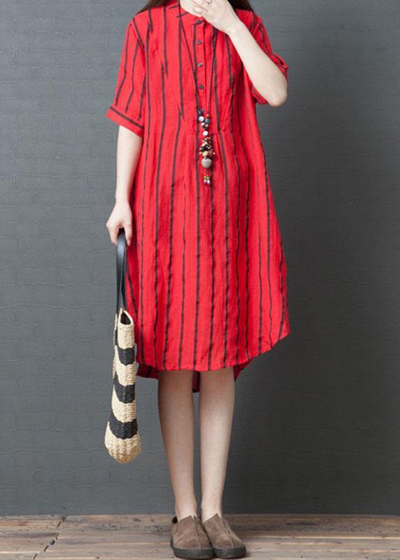 Red Striped Cotton Tunic Dress Stand Collar Loose Summer Dresses