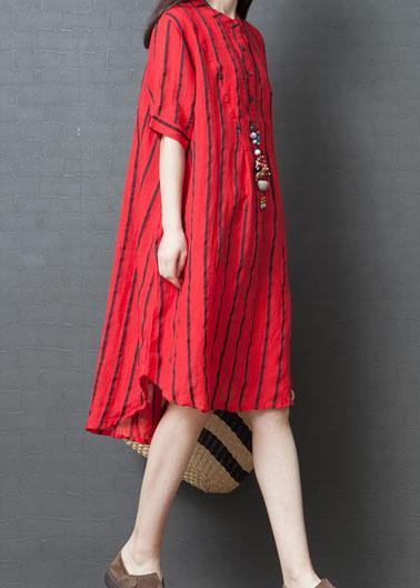 Red Striped Cotton Tunic Dress Stand Collar Loose Summer Dresses