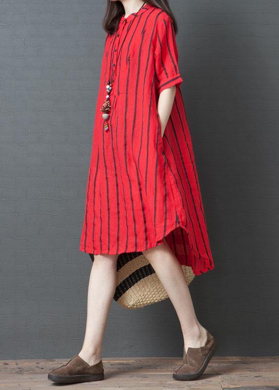 Red Striped Cotton Tunic Dress Stand Collar Loose Summer Dresses