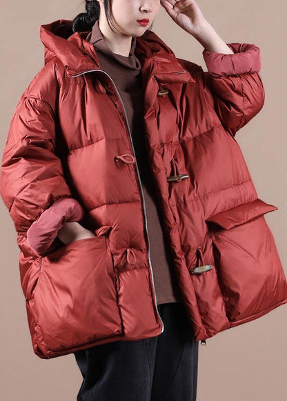 Red Warm Winter Coat Loose Fitting Parka Hooded Pockets Warm Overcoat