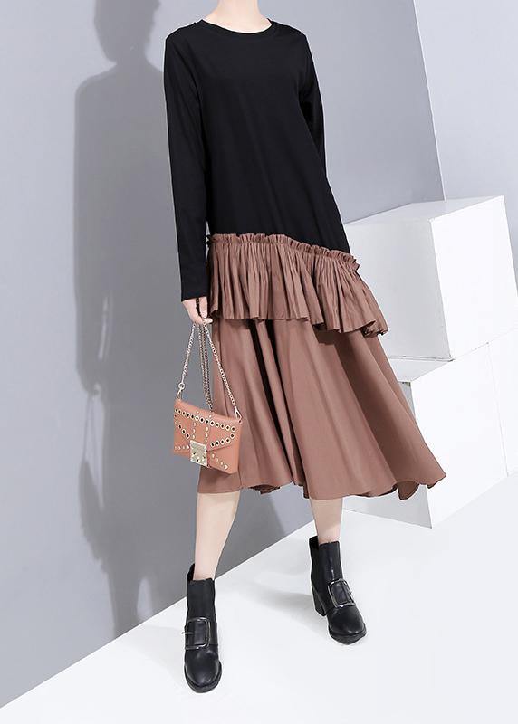 Ruffles Cotton Patchwork Tunics Shape Khaki Maxi Dresses