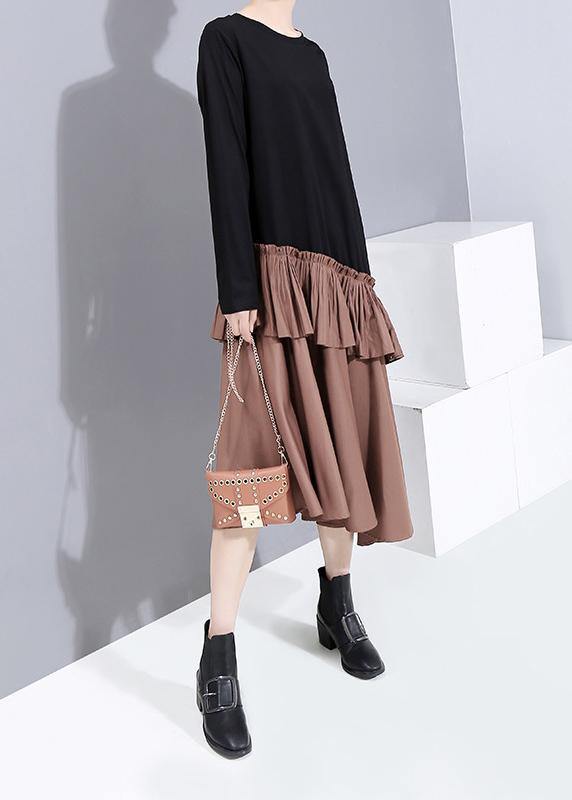 Ruffles Cotton Patchwork Tunics Shape Khaki Maxi Dresses