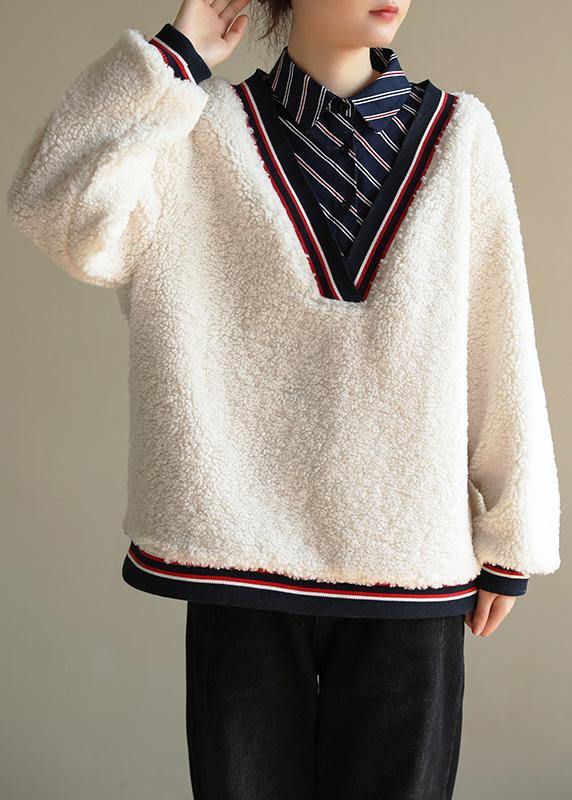 Shirt Collar Cotton Patchwork Blouse Shape White Top