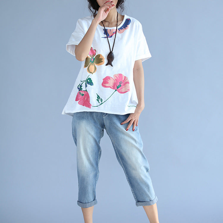 Short Sleeve Cotton Clothes for Fabrics White Print Box Blouses