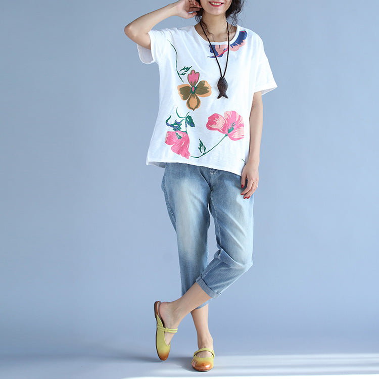 Short Sleeve Cotton Clothes for Fabrics White Print Box Blouses