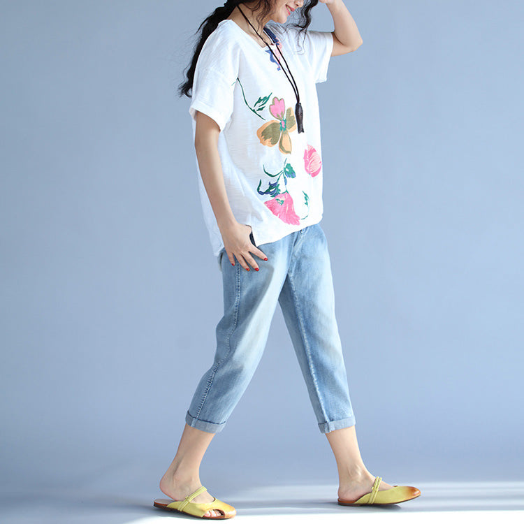 Short Sleeve Cotton Clothes for Fabrics White Print Box Blouses
