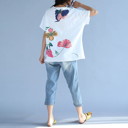 Short Sleeve Cotton Clothes for Fabrics White Print Box Blouses