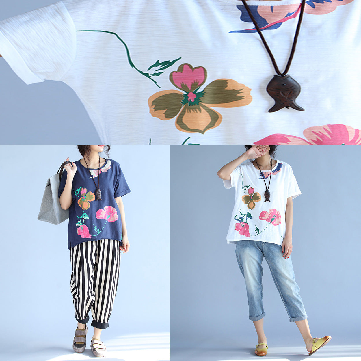 Short Sleeve Cotton Clothes for Fabrics White Print Box Blouses