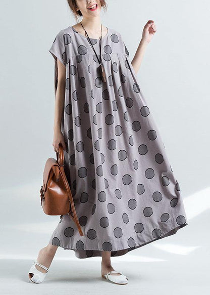 Short Sleeve O Neck Cotton Clothes Pattern Gray Dotted Dress Summer