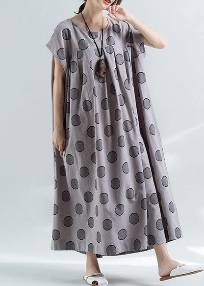 Short Sleeve O Neck Cotton Clothes Pattern Gray Dotted Dress Summer