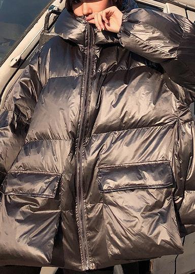 Silver Gray Winter Parkas Loose Fitting Jackets & Coats Winter Hooded Pockets Outwear