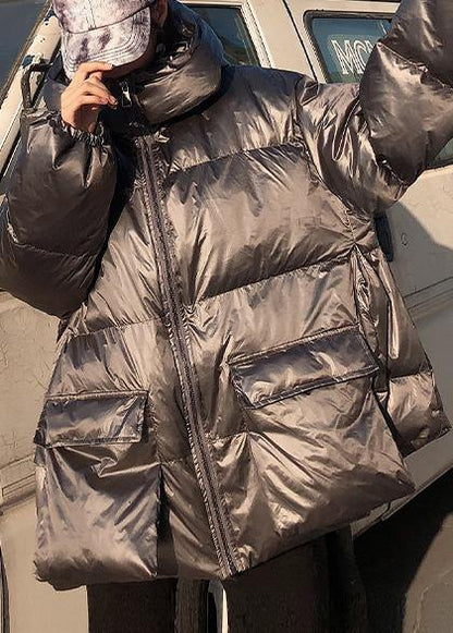 Silver Gray Winter Parkas Loose Fitting Jackets & Coats Winter Hooded Pockets Outwear