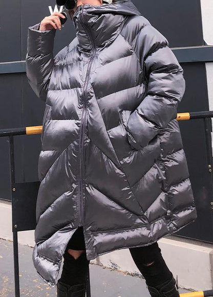 Silver Gray Parkas Oversized Warm Winter Outwear Hooded Zippered