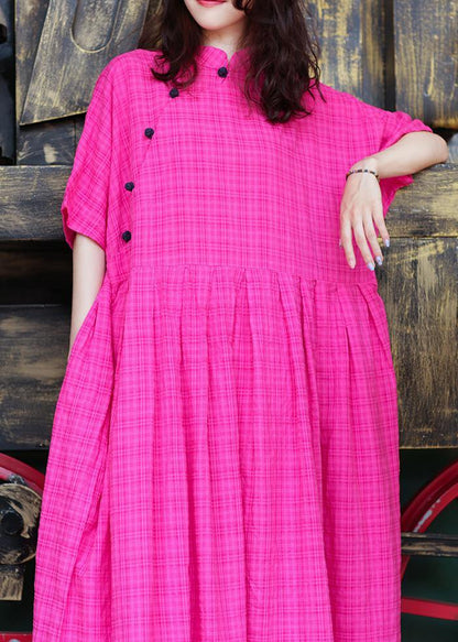 Stand Collar Linen Summer Robes Photography Rese Plaid Dress