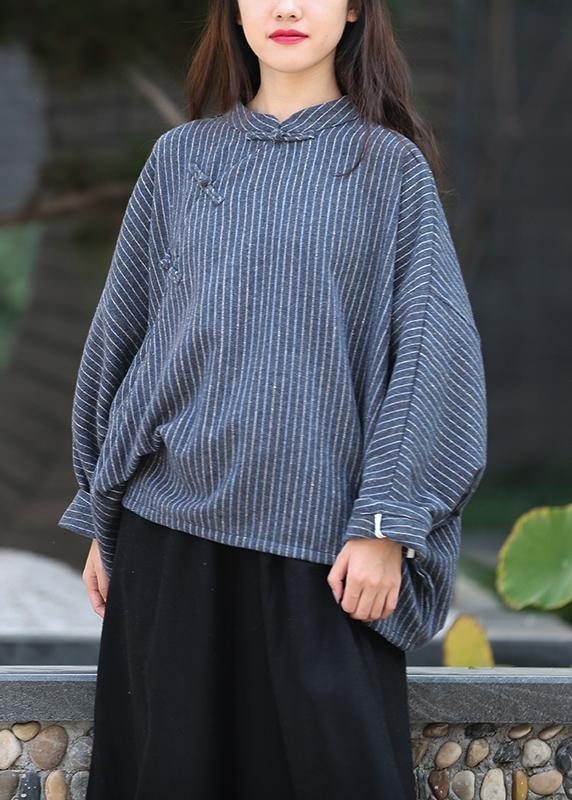 Stand Collar Trumpet Sleeves Top Silhouette Work Outfits Navy Striped Shirt