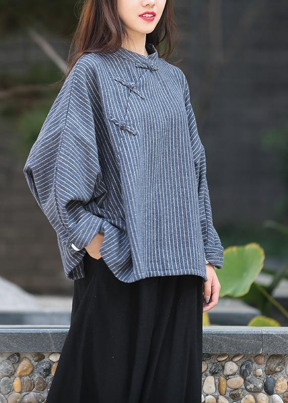 Elegant stand collar trumpet sleeves top silhouette Work Outfits navy striped shirt
