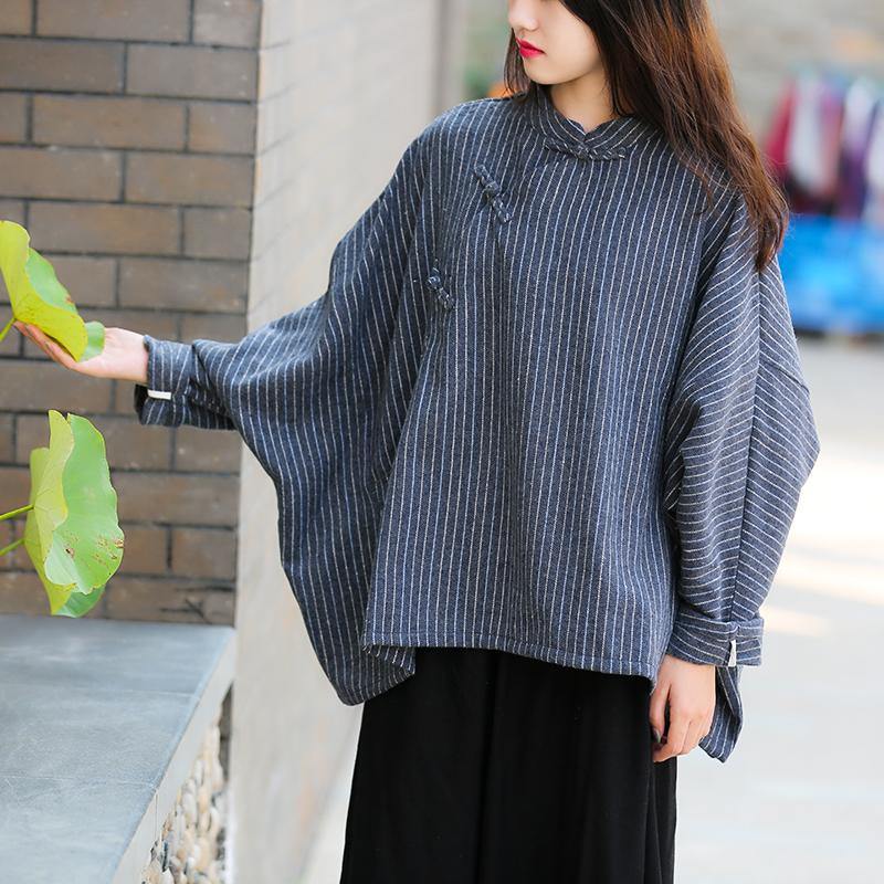 Elegant stand collar trumpet sleeves top silhouette Work Outfits navy striped shirt