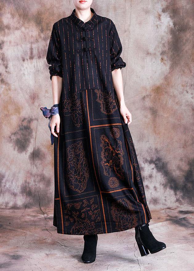Stand Collar Woolen Clothes Sewing Khaki Prints Dresses Fall