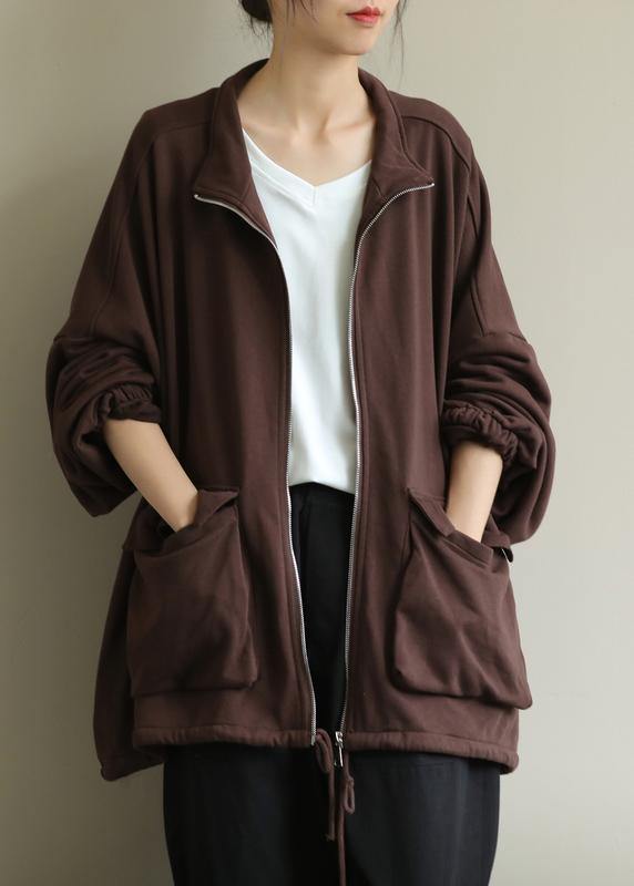 Stand Collar Zippered Fine Trench Coat Chocolate Tunic Coats