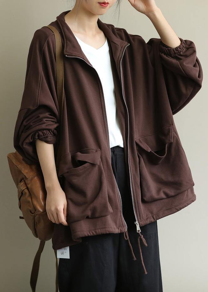 Stand Collar Zippered Fine Trench Coat Chocolate Tunic Coats