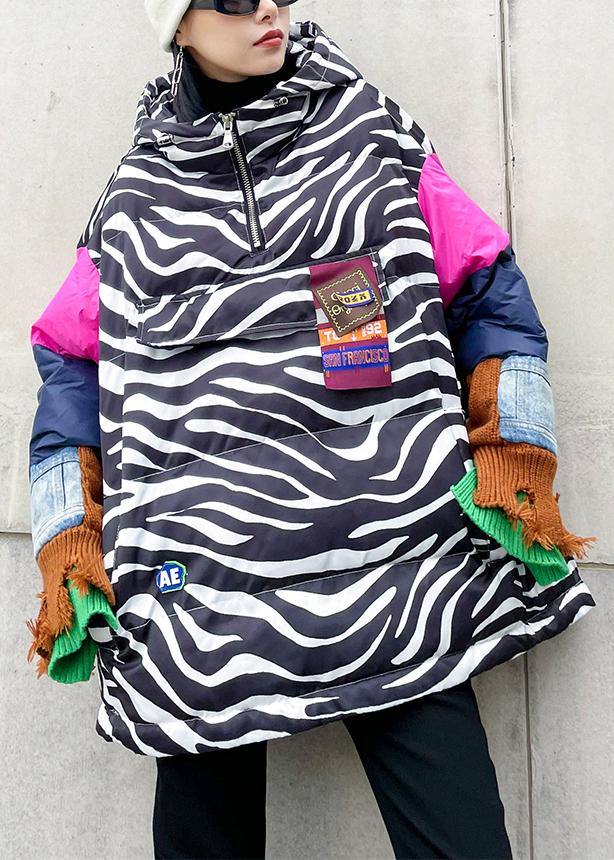 Striped Outfit Oversized Snow Jackets Hooded Patchwork Coats