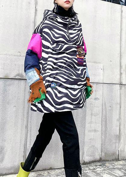 Striped Outfit Oversized Snow Jackets Hooded Patchwork Coats