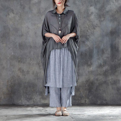Summer Cotton Blended T Shirt Oversize Single Breasted Short Sleeve Loose Irregular Gray Blouse