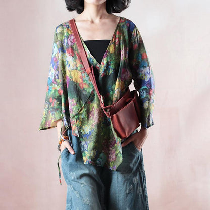 Summer T Shirt Clothing Green Lacing V-neck Ramie Blouse